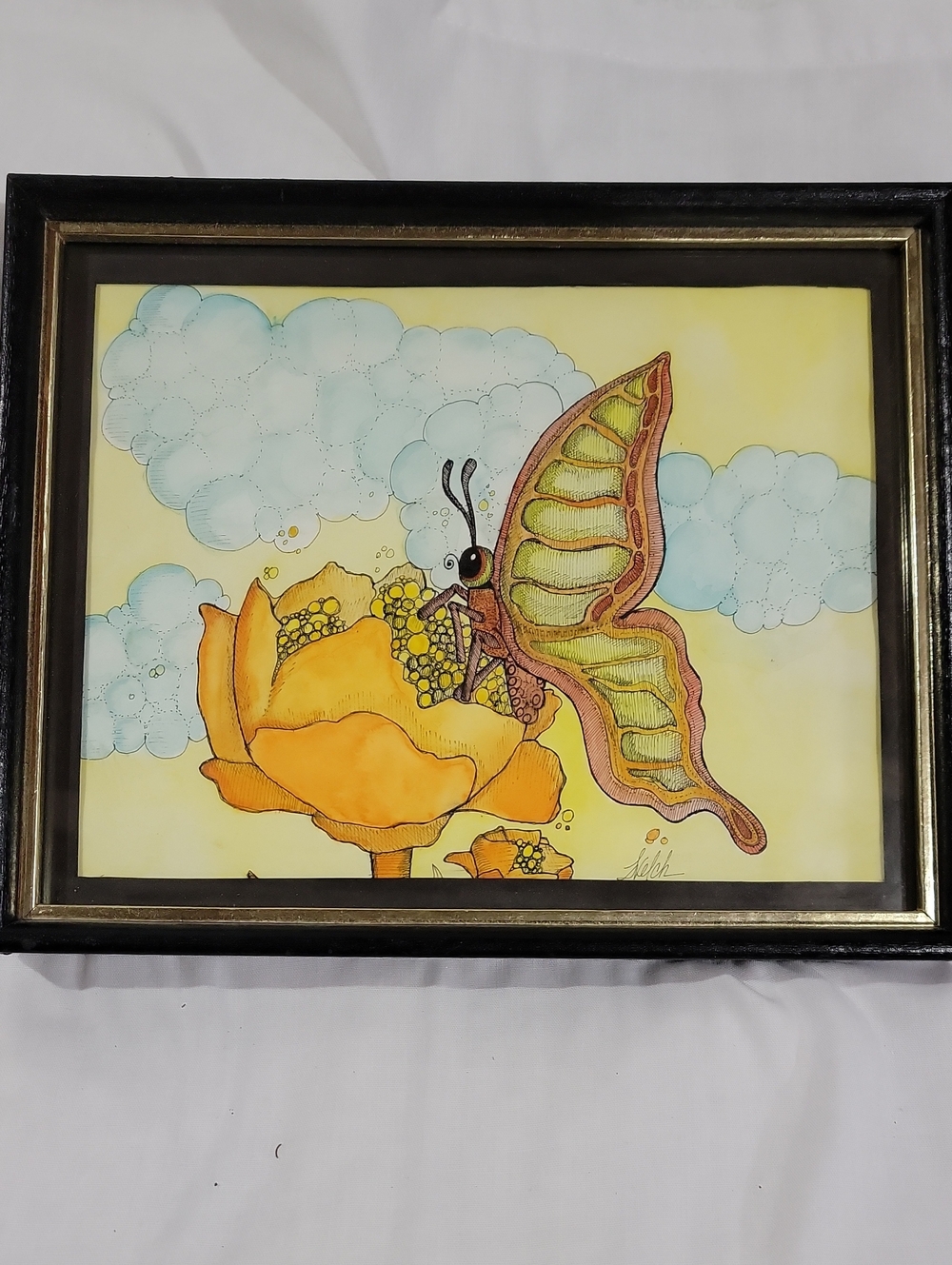 Hand Crafted Butterfly and Yellow Flower Illustration